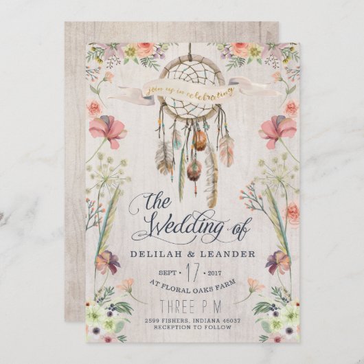 Boho Dream Catcher Floral Wedding Invitation Kaart (Voorkant / Achterkant)