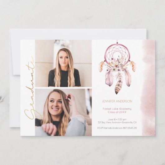 Boho Dream Catcher Gold Script Photo Afstuderen Aankondiging (Voorkant)