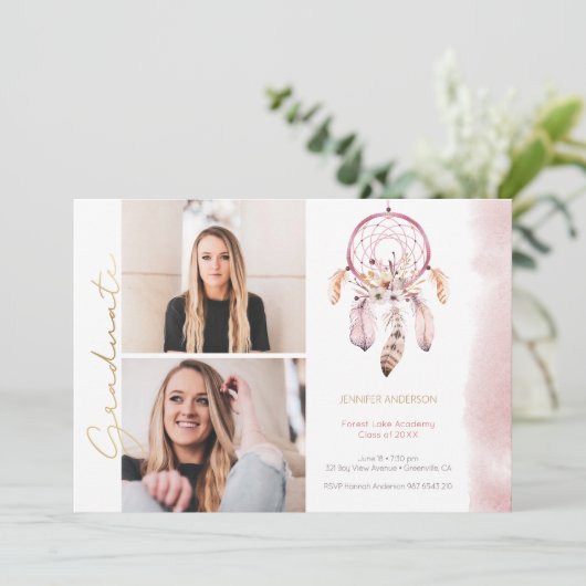 Boho Dream Catcher Gold Script Photo Afstuderen Aankondiging (Staand voorkant)