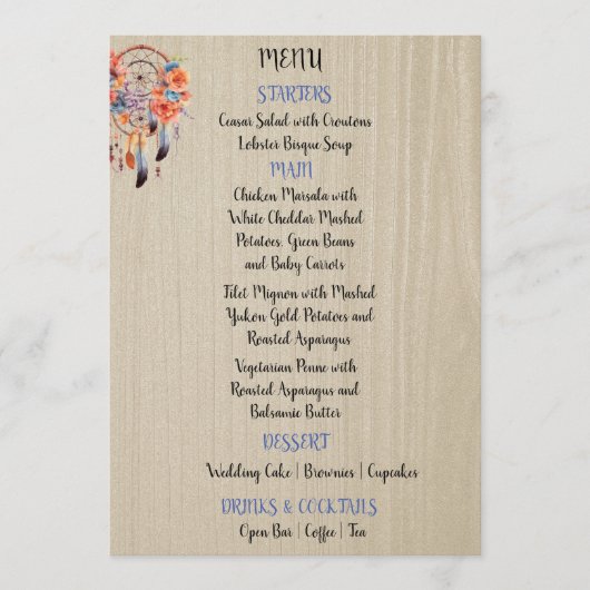 Boho Dream Catcher Huwelijksreceptie 5x7 Menu (Voorkant)
