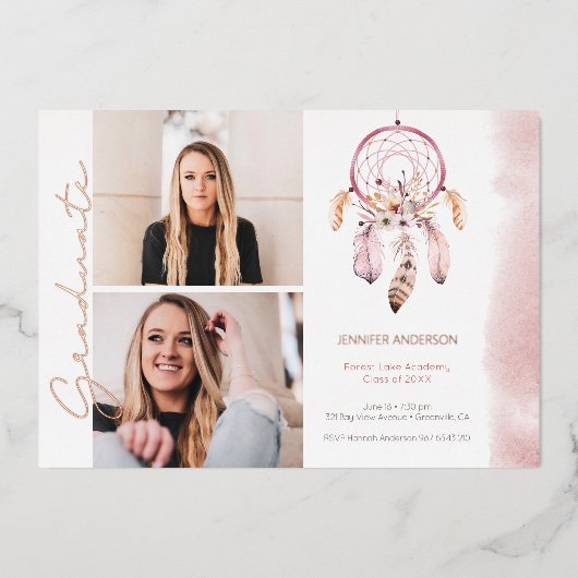 Boho Dream Catcher Roos Script Photo Afstuderen Folie Uitnodiging (Voorkant)