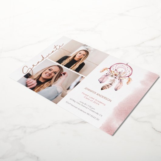 Boho Dream Catcher Roos Script Photo Afstuderen Folie Uitnodiging (Gedraaid)