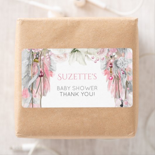 Boho Dream Catcher Roze Grijs Ivoor Bloemen veren Etiket (Insitu)