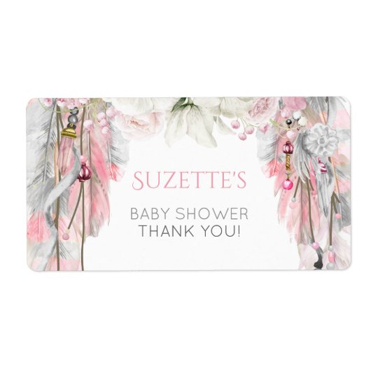 Boho Dream Catcher Roze Grijs Ivoor Bloemen veren Etiket (Voorkant)