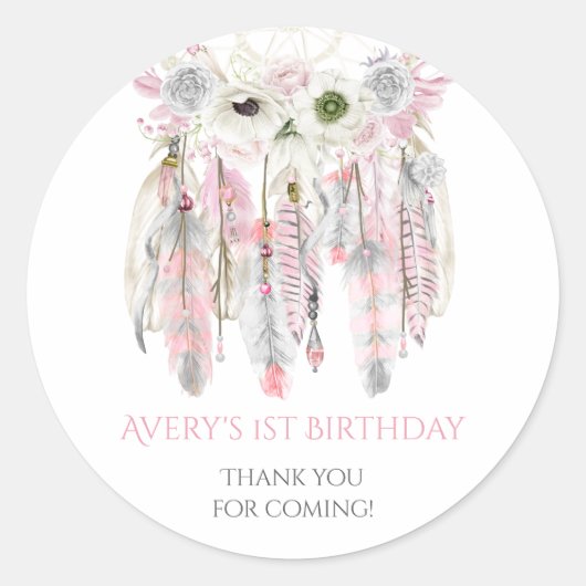 Boho Dream Catcher Roze Grijze Ivoor Veren Ronde Sticker (Voorkant)