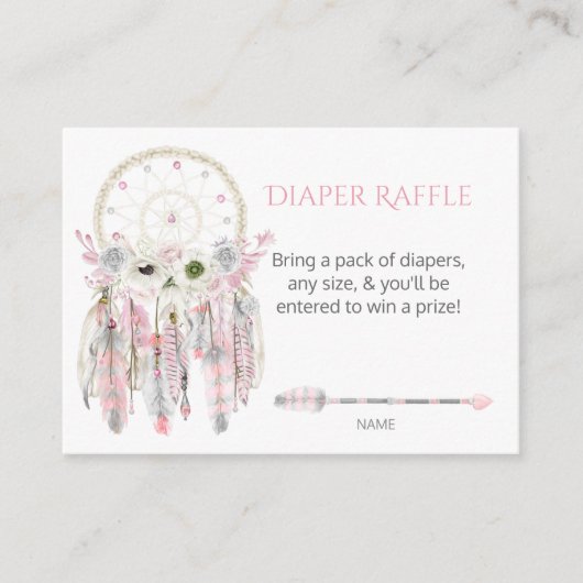 Boho Dream Catcher Roze Grijze Veren Luier Raffle Informatiekaartje (Voorkant)