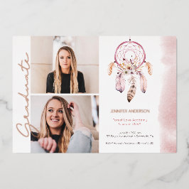 Boho Dream Catcher Roze Script Foto Afstuderen Folie Uitnodiging