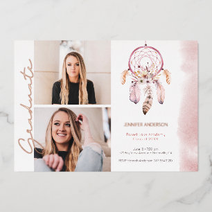 Boho Dream Catcher Roze Script Foto Afstuderen Folie Uitnodiging