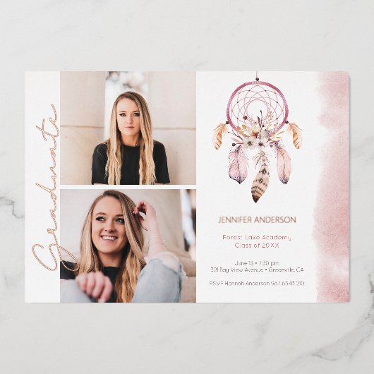 Boho Dream Catcher Roze Script Foto Afstuderen Folie Uitnodiging (Voorkant)