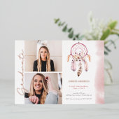 Boho Dream Catcher Roze Script Foto Afstuderen Folie Uitnodiging (Staand Voorkant)