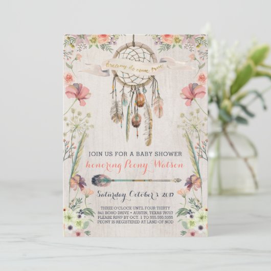 Boho Dream Catcher Rustic Baby Shower Uitnodiginge Kaart (Staand voorkant)
