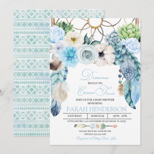 Boho Dreamcatcher Blue Baby shower Invitation Kaart (Voorkant / Achterkant)