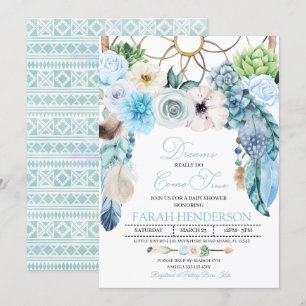 Boho Dreamcatcher Blue Baby shower Invitation Kaart