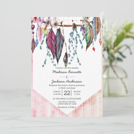 Boho Dreamcatcher & Feathers bruiloft uitnodiging (Staand voorkant)