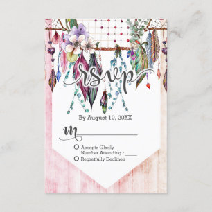 Boho Dreamcatcher & Feathers Roze Bruiloft RSVP Kaartje