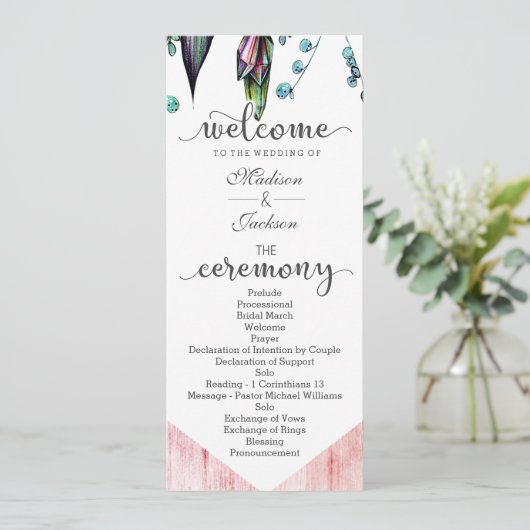 Boho Dreamcatcher & Feathers Roze Huwelijksprogram Programmakaart (Staand voorkant)