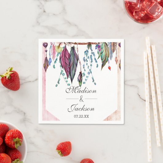 Boho Dreamcatcher & Feathers Roze Monogram Bruilof Servetten (Insitu)