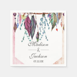 Boho Dreamcatcher & Feathers Roze Monogram Bruilof Servetten