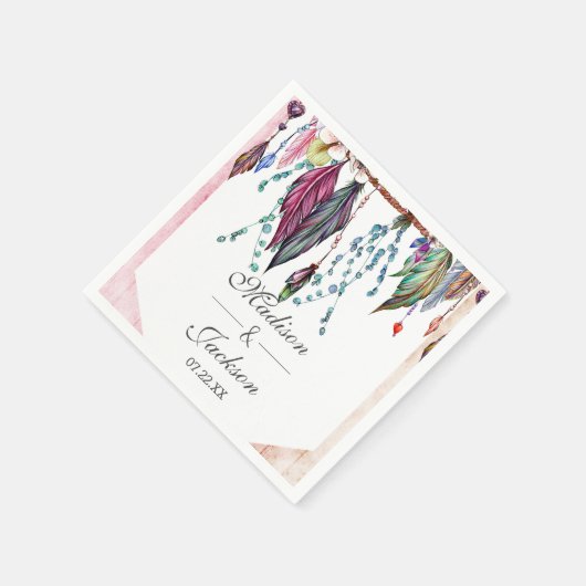 Boho Dreamcatcher & Feathers Roze Monogram Bruilof Servetten (Hoek)