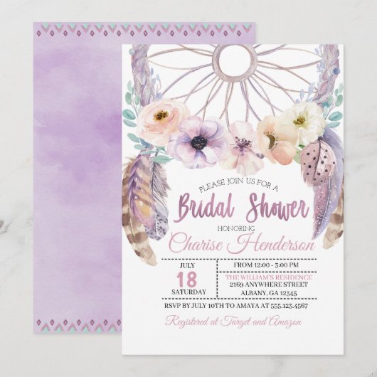 Boho Dreamcatcher Paarse bruidsdouche Uitnodiging (Voorkant / Achterkant)