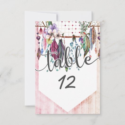 Boho Dreamcatcher & Veren Huwelijks Taartnummers Kaart (Achterkant)