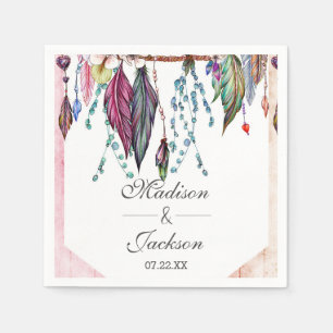 Boho Dreamcatcher & Veren Roze Monogram Huwelijk Servetten