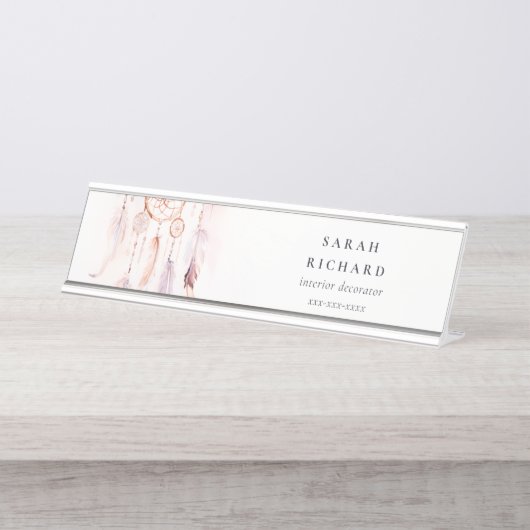 Boho Dreamcatcher Waterverf Lila Blush Peach Bureau Naambordje (Voorkant)