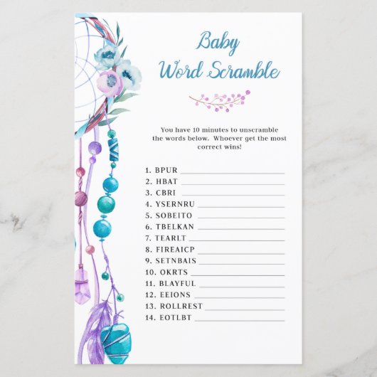 Boho Dreamweaver Baby shower Word Scramble (Voorkant)