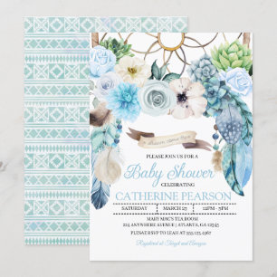 Boho Dreamweaver Blue Baby shower Invitation Kaart