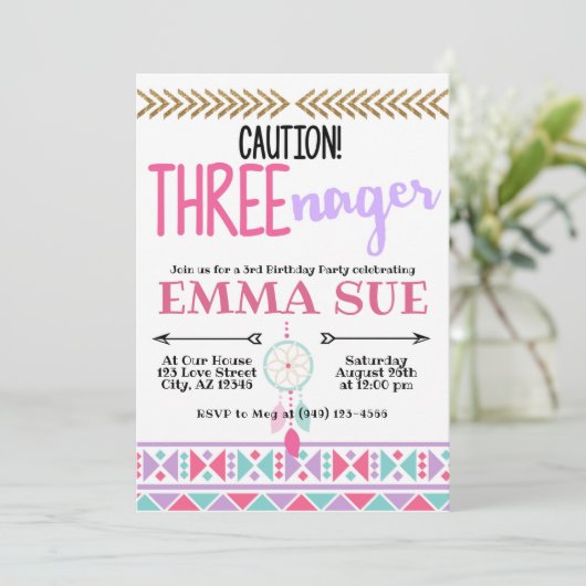 Boho Dreamweaver Caution Three-Nager 3rd Birthday Kaart (Staand voorkant)