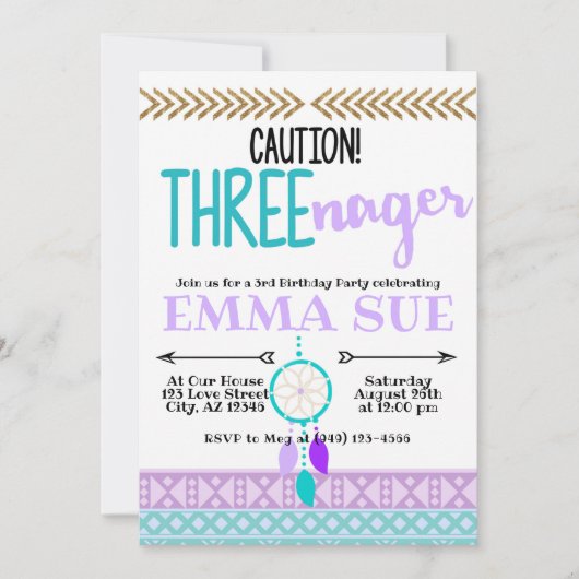 Boho Dreamweaver Caution Three-Nager 3rd Birthday Kaart (Voorkant)