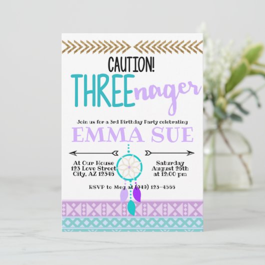 Boho Dreamweaver Caution Three-Nager 3rd Birthday Kaart (Staand voorkant)