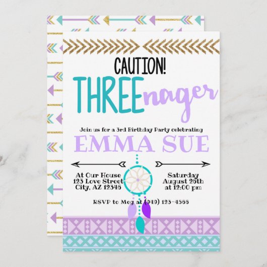 Boho Dreamweaver Caution Three-Nager 3rd Birthday Kaart (Voorkant / Achterkant)