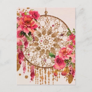 Boho Dreamweaver Pink Gold Floral Waterverf Feestdagenkaart