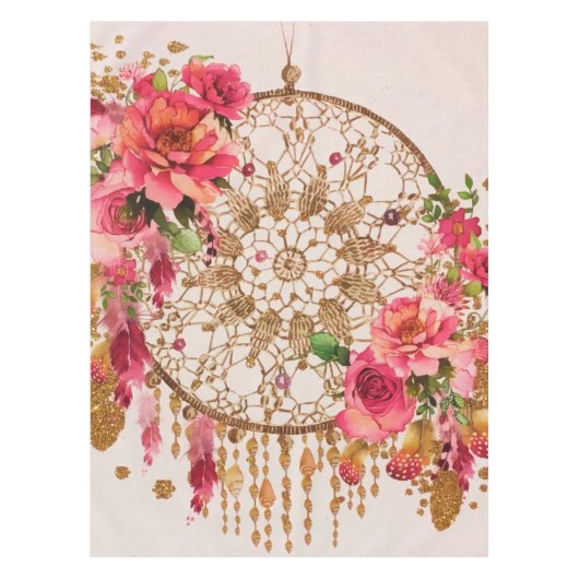Boho Dreamweaver Pink Gold Floral Waterverf Tafelkleed (Voorkant)