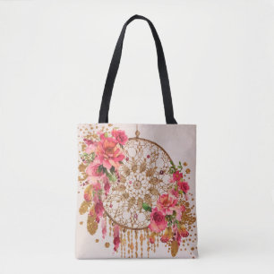 Boho Dreamweaver Pink Gold Floral Waterverf Tote Bag