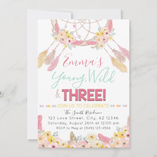 Boho Dreamweaver Young Wild & Three 3rd Birthday Kaart (Voorkant)