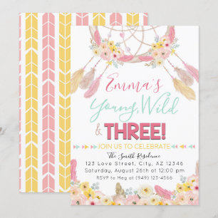 Boho Dreamweaver Young Wild & Three 3rd Birthday Kaart