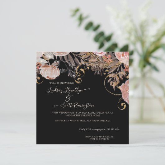 Boho Dried Floral Black Roos Gold Couples — Shower Kaart (Staand voorkant)