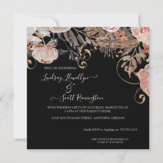 Boho Dried Floral Black Roos Gold Couples — Shower Kaart (Voorkant)