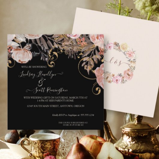 Boho Dried Floral Black Roos Gold Couples — Shower Kaart