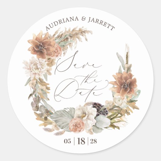 Boho Dried Floral Pampas Grass Autumn Save Date Ronde Sticker (Voorkant)