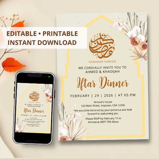 Boho Dried Flowers Ramadan Iftar Dinner Invitation Kaart