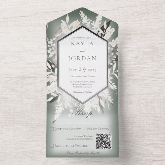 Boho Dried Grass Wreath Sage Green QR Code All In One Uitnodiging (Binnen)