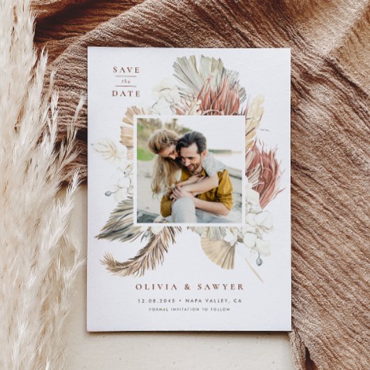 Boho Dried Palm and Orchids Photo Save the Date Magnetische Uitnodiging