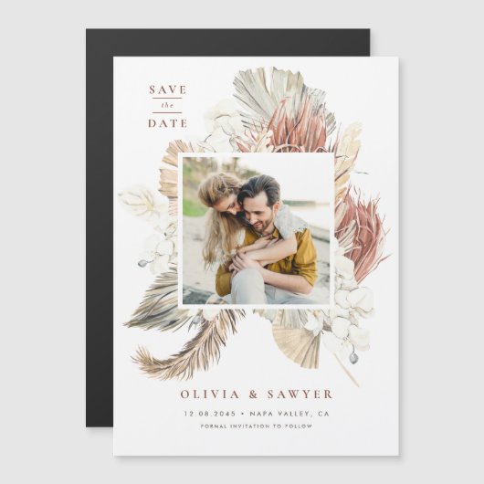 Boho Dried Palm and Orchids Photo Save the Date Magnetische Uitnodiging (Voorkant / Achterkant)