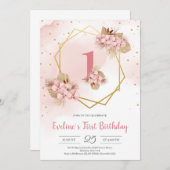 Boho Dried Palm Blush Orchid Gold First Birthday Kaart (Voorkant / Achterkant)