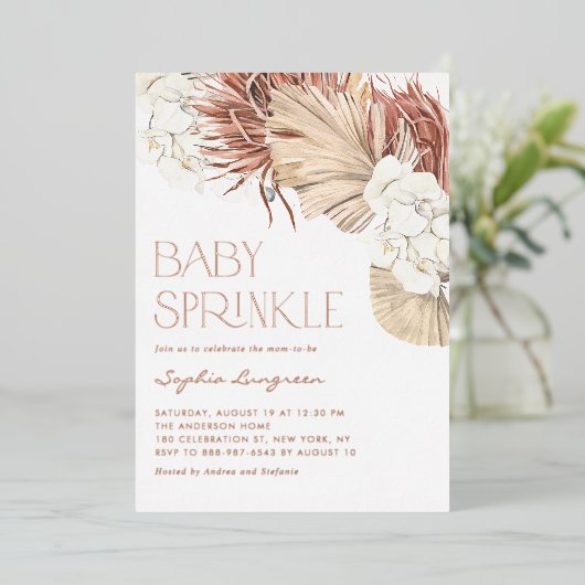Boho Dried Palm Leaves and Orchids Baby Sprinkle Folie Uitnodiging (Staand Voorkant)