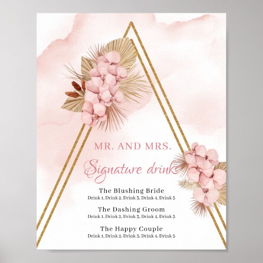 Boho Dried Palm Leaves Blush Pink Signature Drinke Poster (Voorkant)