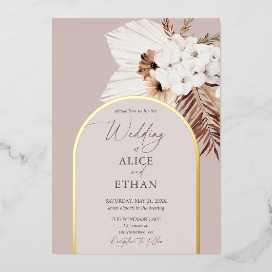 Boho Dried Palm Leaves Wedding Folie Uitnodiging (Voorkant)
